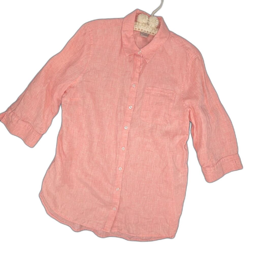 Chico's No Iron 100% Linen Tunic Blouse Heathered Watermelon Btn Down Shirt 2 L